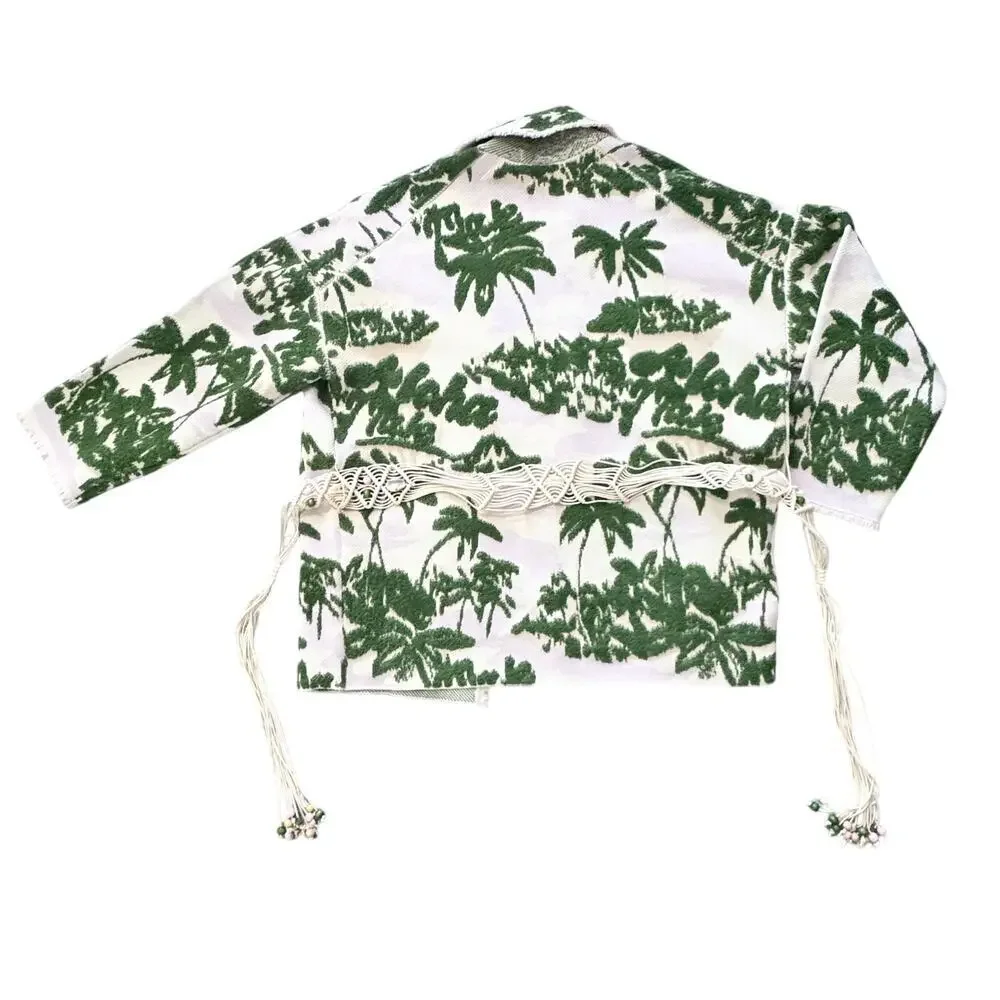 New Maje Imprime Aloha Beige Green Palm Tree Jacket Macrame Belted Sz 1 / US S - Picture 10 of 16